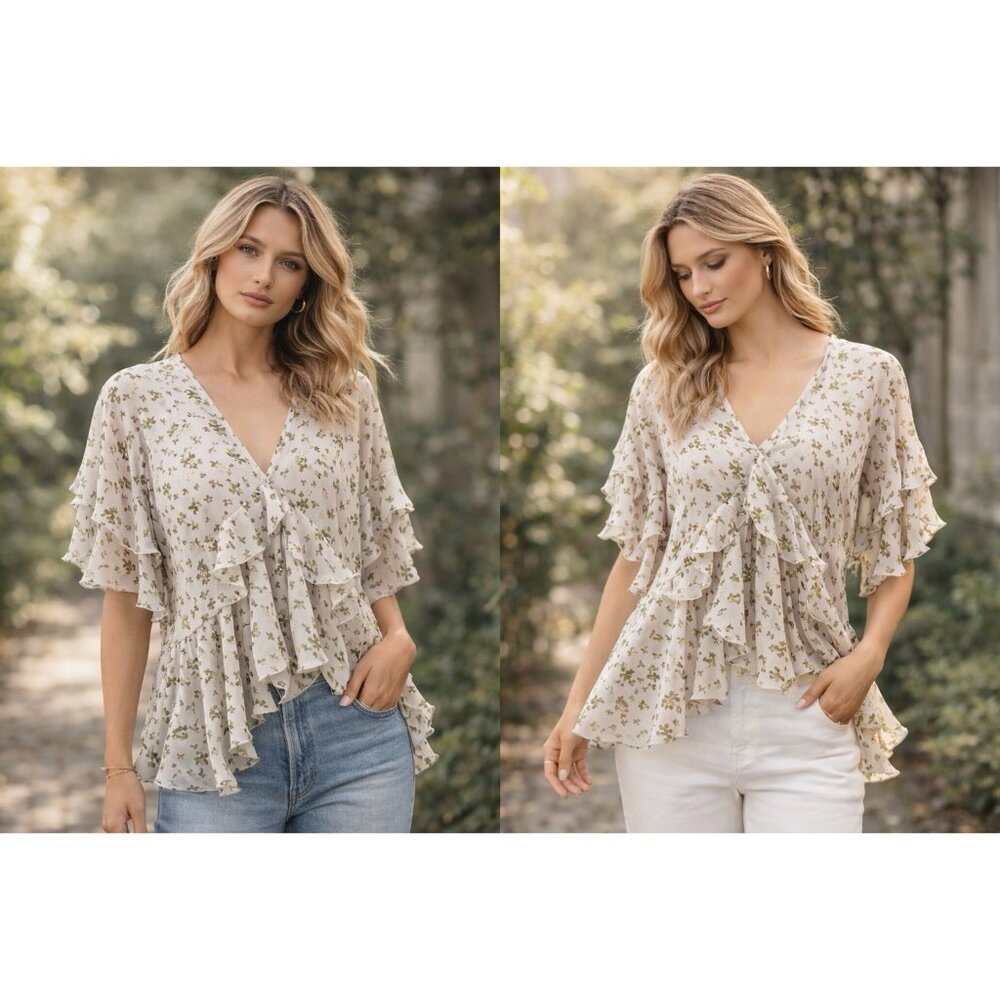 Romantic Sheer Ruffle Blouse Floral Cottagecore Boho Top Flowy V Neck SZ Medium